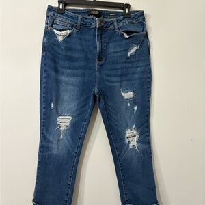 Judy Blue Distressed Cropped Jeans - Dark Blue